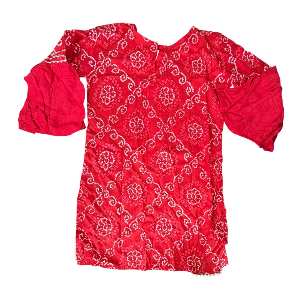 Girls Red Bandhani Print Kurti Bell Sleeve Indian Ethnic Tunic Top Size 32